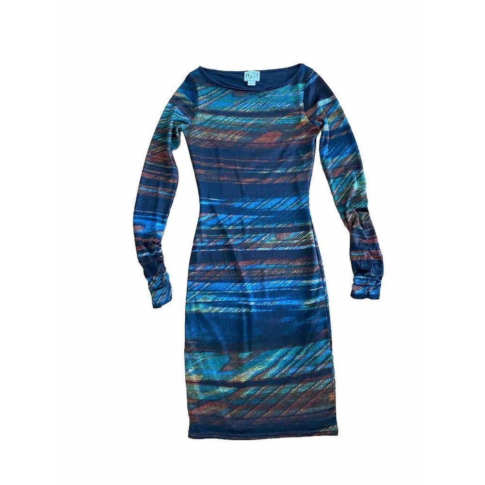 1971 Reiss Dress Mid Length Sheath XS Striped Red Blue Green Black Brown